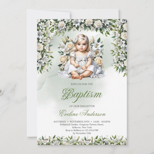 Watercolor lilies and roses girl Baptism Invitation (Front)
