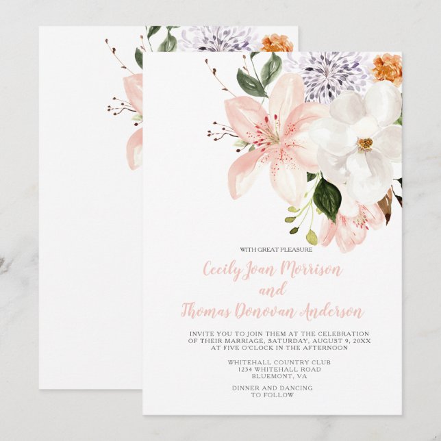 Watercolor Lilies, Peonies, Magnolias Invitation (Front/Back)