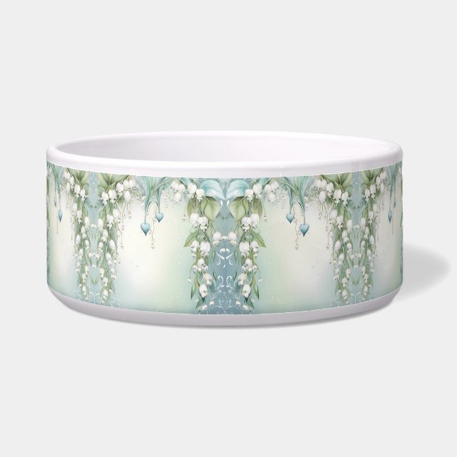 Watercolor Lily of the Valley Ceramic Pet Bowl (Front)