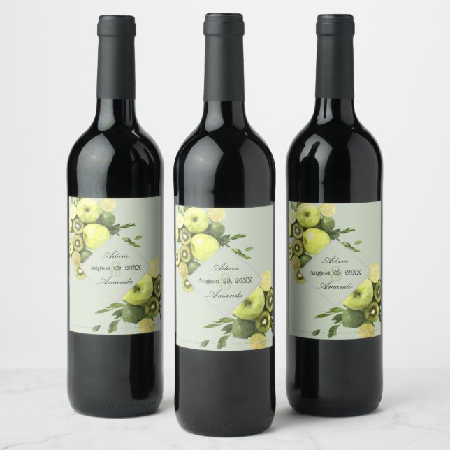 Watercolor Lime Apples & Kiwis Framed Wedding Date Wine Label (Bottles)