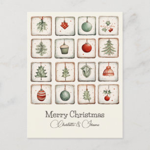 Watercolor Lineart Christmas Pattern Holiday Postcard