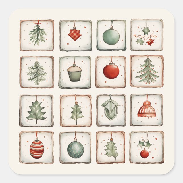 Watercolor Lineart Christmas Pattern Square Sticker (Front)