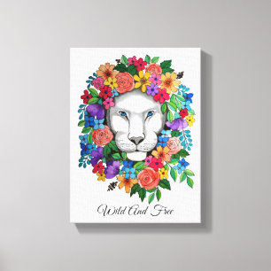 Watercolor Lion And Rainbow Flowers Canvas Print
