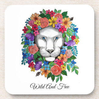 Watercolor Lion And Rainbow Flowers Coaster