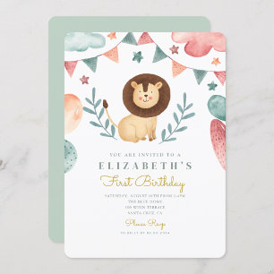 Watercolor Lion Cute Baloons 1st Birthday Invitation