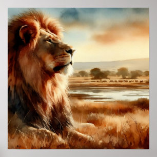 Watercolor Lion on the Savannah Poster