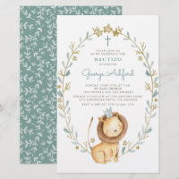 Watercolor Lion Prince Baby Boy Bautizo Invitation
