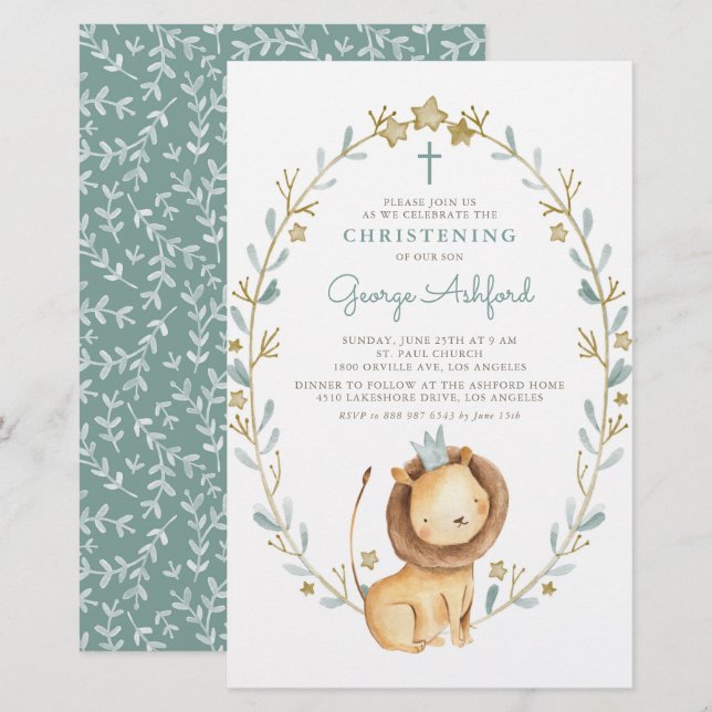 Watercolor Lion Prince Boy Christening Invitation (Front/Back)