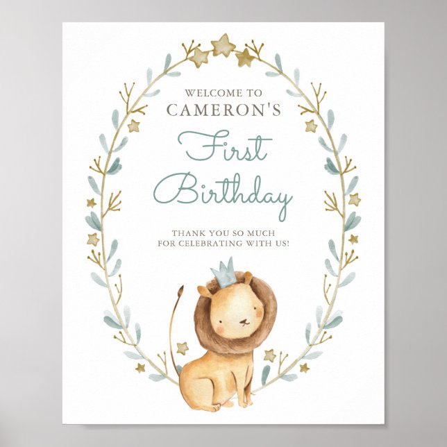 Watercolor Lion Prince First Birthday Welcome Poster (Front)