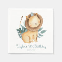 Watercolor Lion Prince Tropical Leaves Birthday