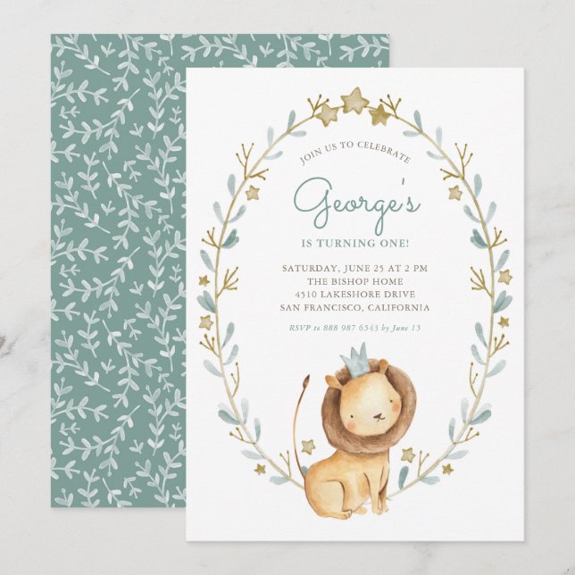 Watercolor Lion Prince Wreath Birthday Party Invitation (Front/Back)