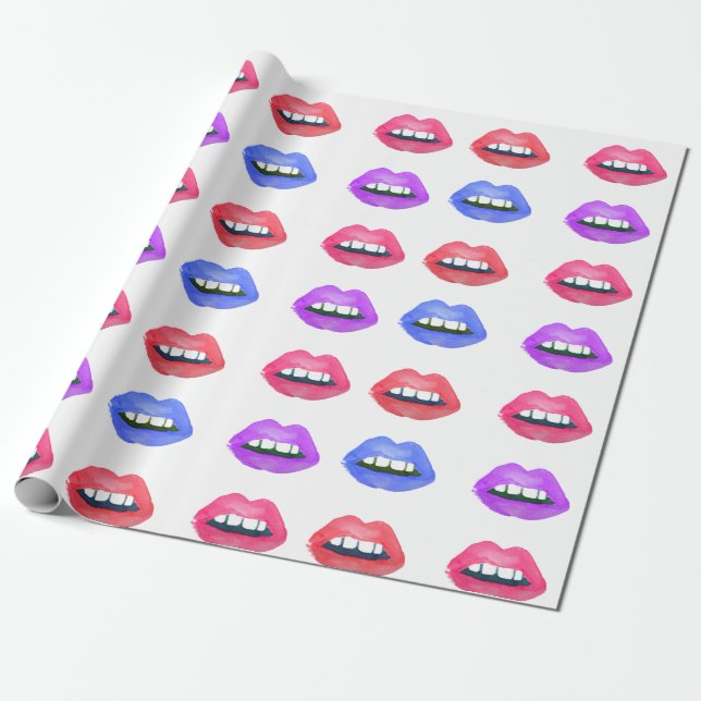 Watercolor Lips Kiss Fun Lipstick Wrapping Paper (Unrolled)