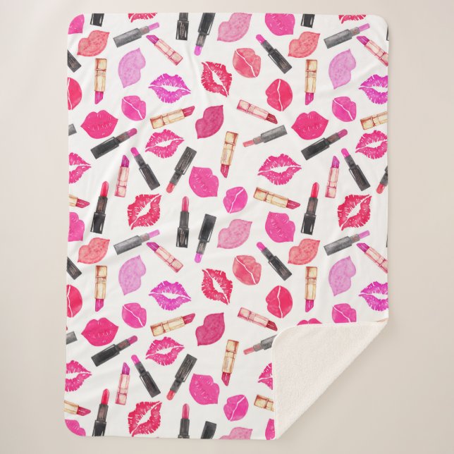 Watercolor Lipstick Pattern Makeup Artist Sherpa Blanket (Front)