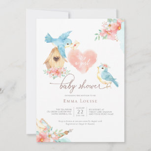 Watercolor Little Birds Girl Baby Shower Invitation