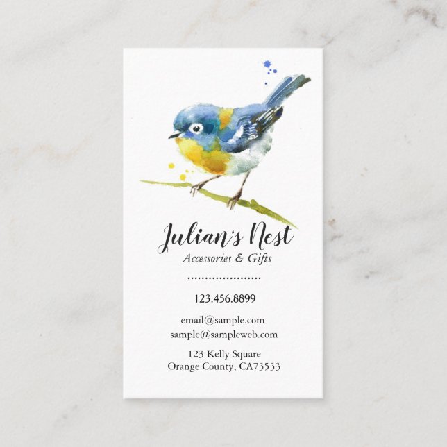 Watercolor Little Blue Bird in a Branch Generic Business Card (Front)