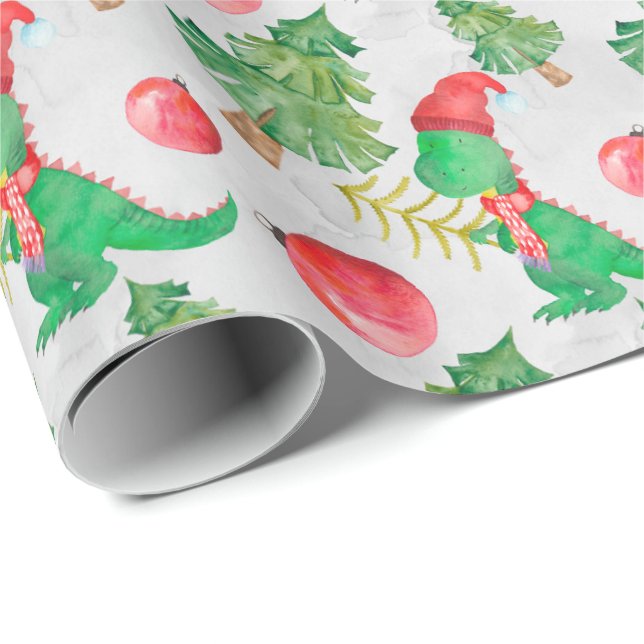 Watercolor Little Dinosaur Dressed for Christmas Wrapping Paper (Roll Corner)