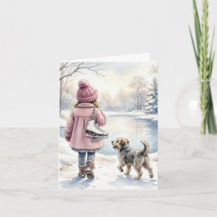 Watercolor Little Girl With Ice Skates and Dog Card