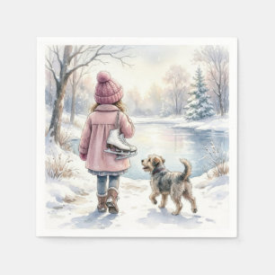 Watercolor Little Girl With Ice Skates and Dog Napkin