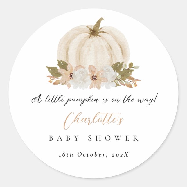 Watercolor Little Pumpkin Baby Shower Classic Round Sticker (Front)