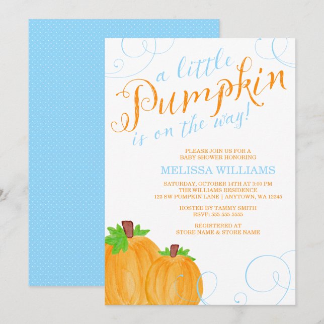 Watercolor Little Pumpkin Fall Boy Baby Shower Invitation (Front/Back)