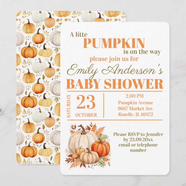 Watercolor Little Pumpkin Orange Baby Shower  Invitation (Front/Back)
