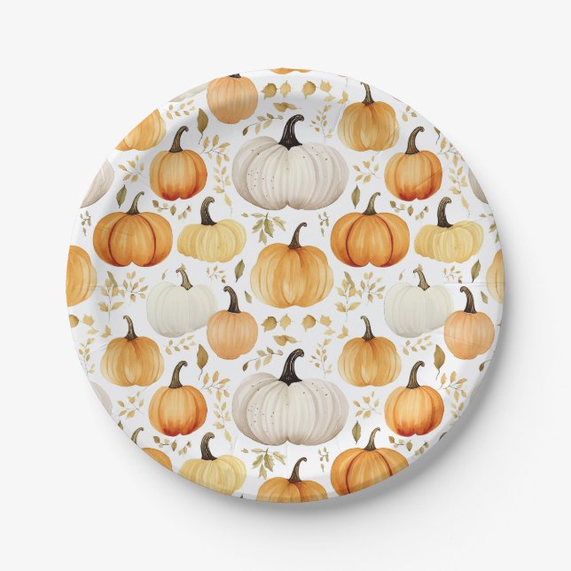 Watercolor Little Pumpkin Patterned Paper Plate (Front)