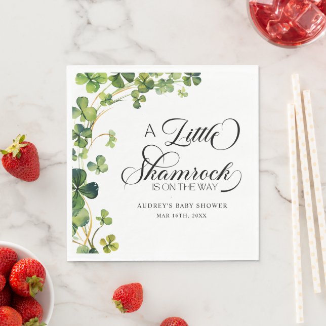 Watercolor Little Shamrock Script Baby Shower Napkin (Insitu)