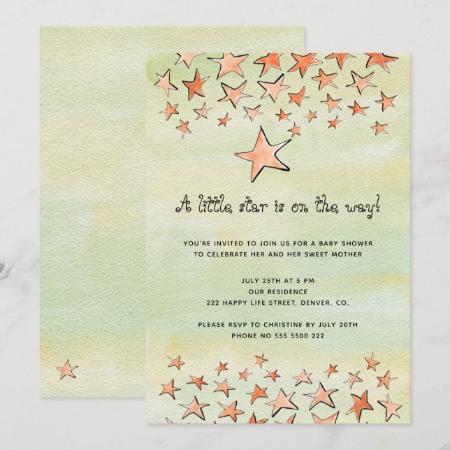 Watercolor little star on the way baby shower invitation (Front/Back)