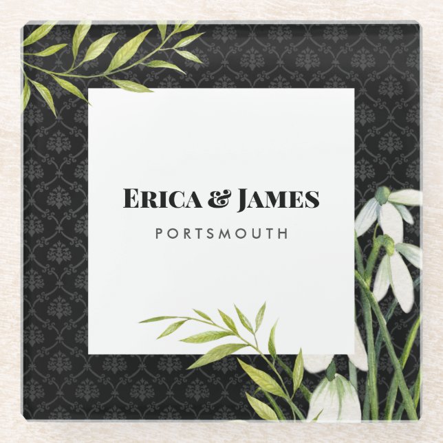 Watercolor Little White Snow Drops & Laurel Damask Glass Coaster (Front)