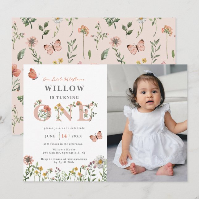 Watercolor Little Wildflower 1st Birthday  Invitation (Front/Back)
