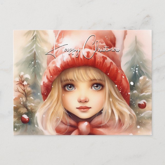 Watercolor Little Winter Fae  Holiday Postcard (Front)