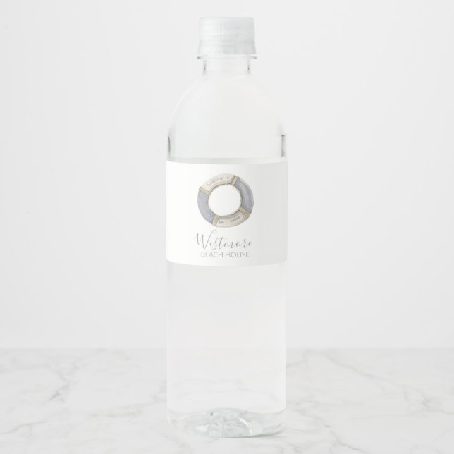 Watercolor Live Preserver Beach House Water Bottle Label (Front)