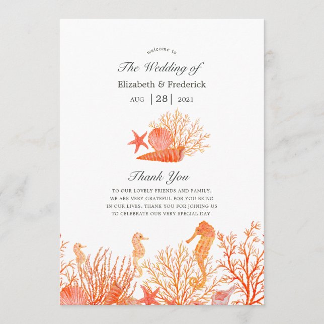Watercolor Living Coral Beach Wedding Program (Front)