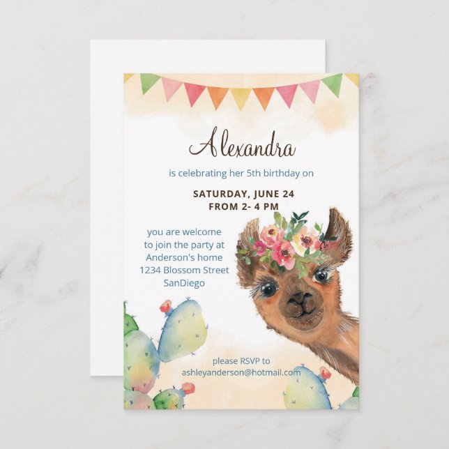 Watercolor Llama Birthday Invitation (Front/Back)