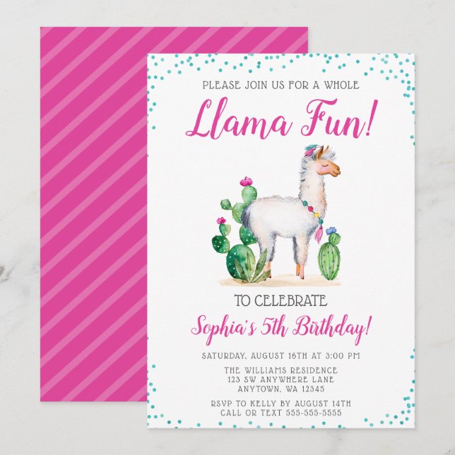 Watercolor Llama Birthday Invitations (Front/Back)