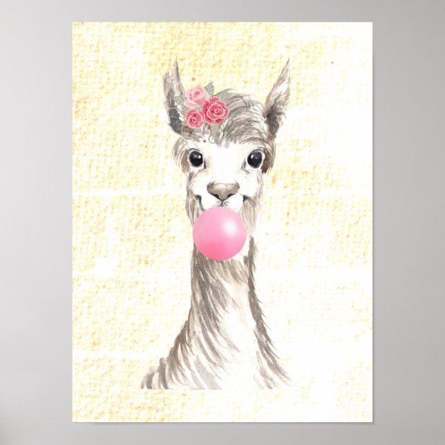 Watercolor Llama Blowing Bubble Textured Poster (Front)