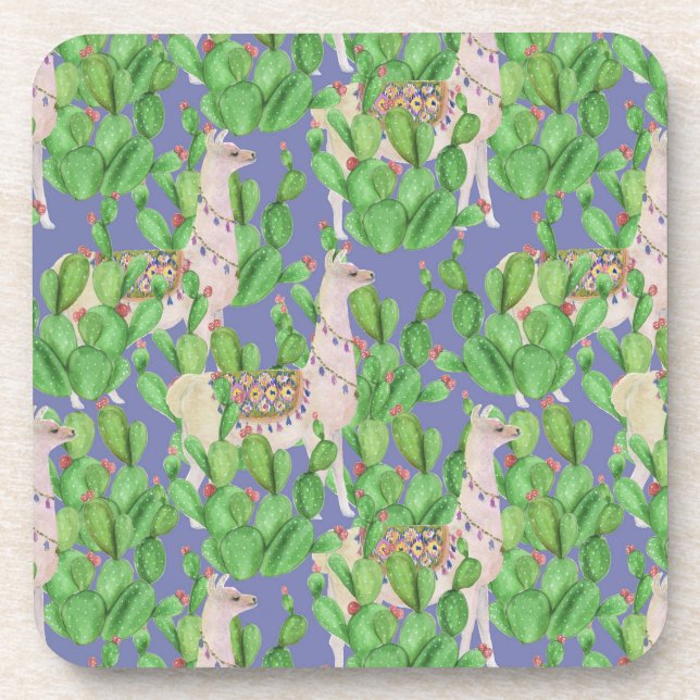 Watercolor Llama & Catus Pattern Coaster (Front)