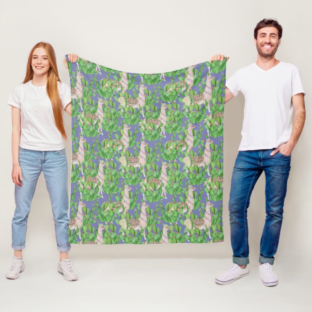 Watercolor Llama & Catus Pattern Fleece Blanket (In Situ)