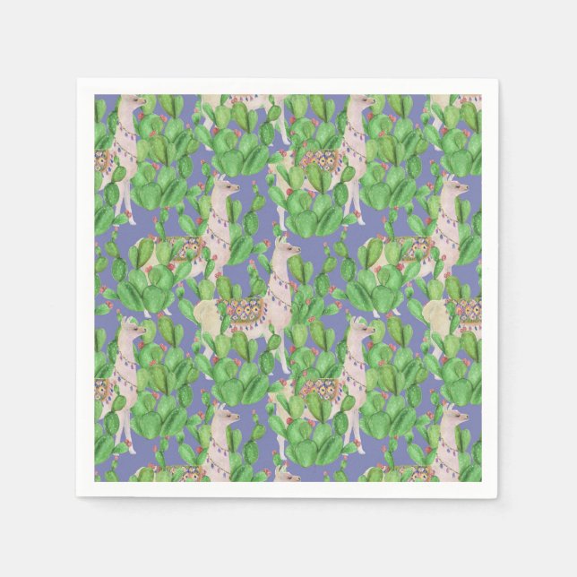 Watercolor Llama & Catus Pattern Napkin (Front)