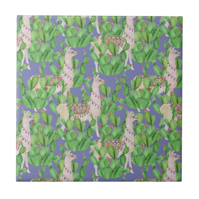 Watercolor Llama & Catus Pattern Tile (Front)