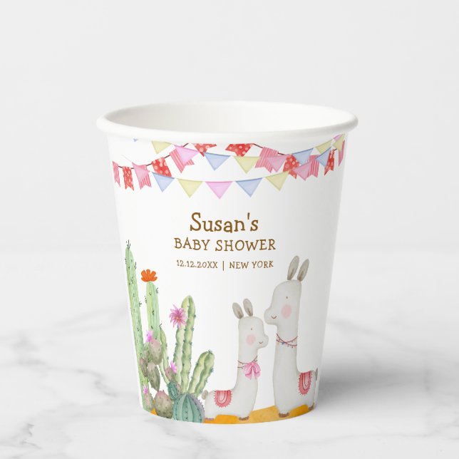Watercolor Llama Desert Cactus Fiesta Baby Shower  Paper Cups (Front)