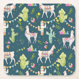 Watercolor Llama Flag Pattern Square Paper Coaster