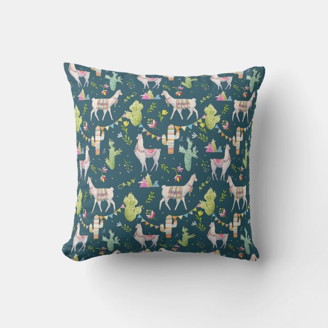 Watercolor Llama Flag Pattern Throw Pillow (Front)