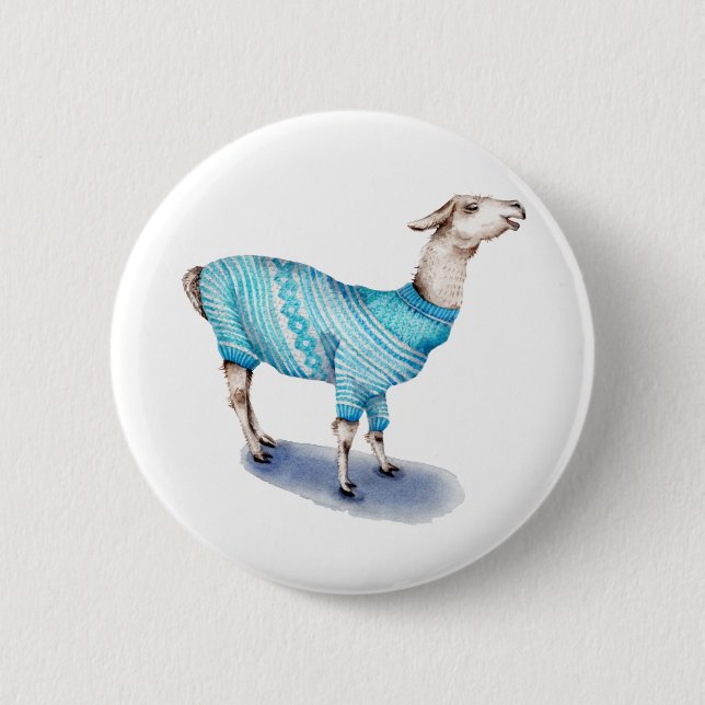 Watercolor Llama in Blue Sweater 2 Inch Round Button (Front)