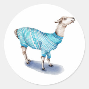Watercolor Llama in Blue Sweater Classic Round Sticker