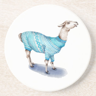 Watercolor Llama in Blue Sweater Coaster
