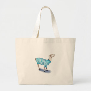 Watercolor Llama in Blue Sweater Large Tote Bag