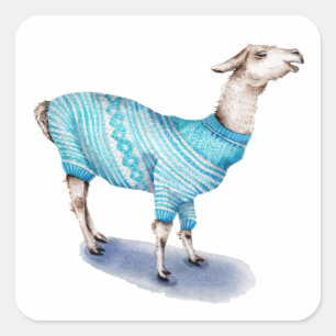 Watercolor Llama in Blue Sweater Square Sticker