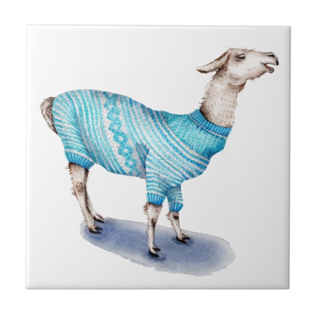 Watercolor Llama in Blue Sweater Tile (Front)