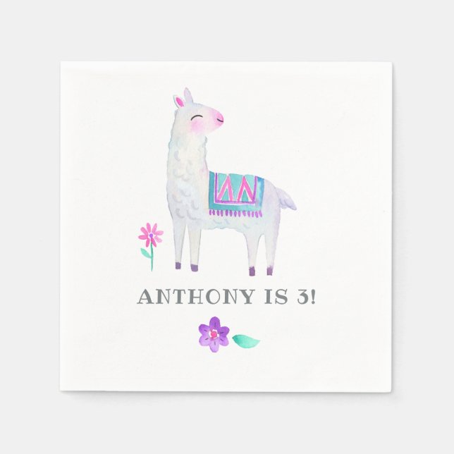 Watercolor Llama Kids Birthday Party Napkin (Front)